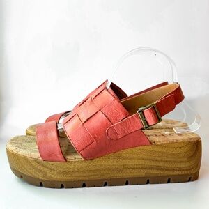 KORKS by Kork-Ease Dusty Red Leather Freya Wedge Sandals Woven Checkered Size 9